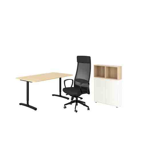 Стол и комбинация для хранения, и рабочий стул белый/белая морилка темно-серый BEKANT/MARKUS БЕКАНТ/МАРКУС / EKET ЭКЕТ арт. 59436712